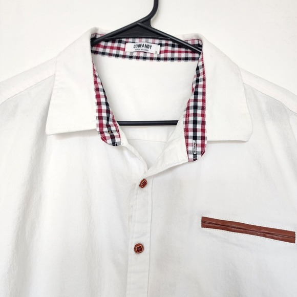 Coofandy Other - COOFANDY Mens XL White Button Front Shirt Plaid Trim Faux Leather Pocket Casual